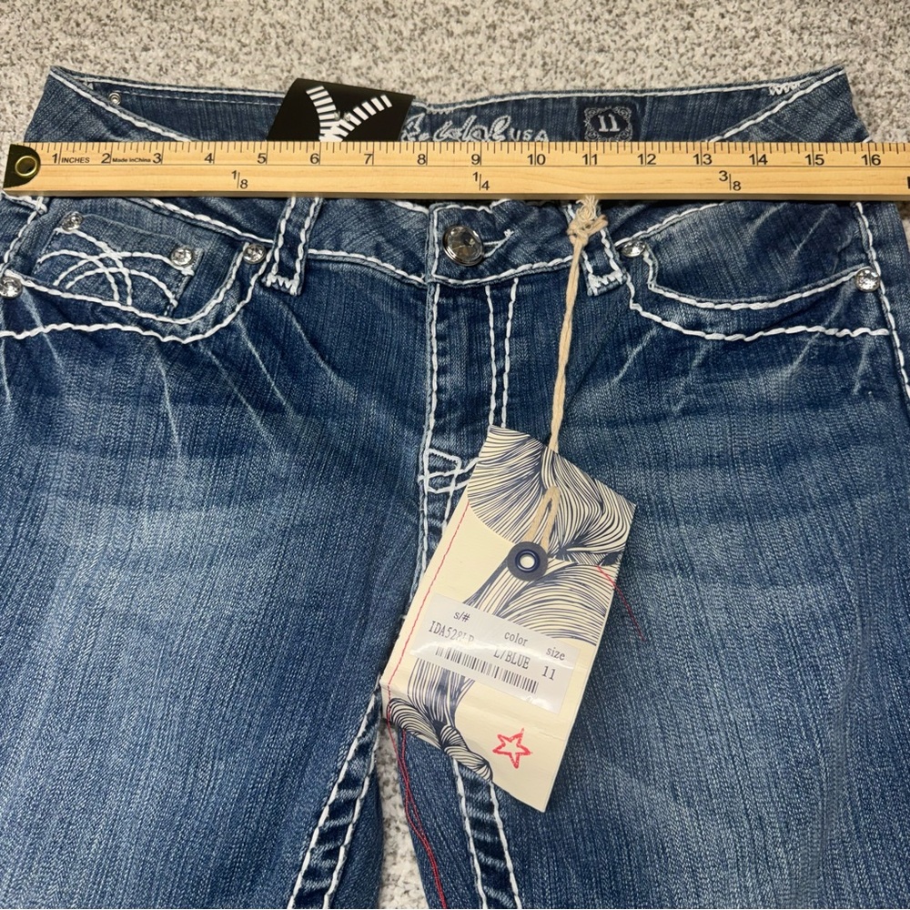 NWT Women’s LA Idol Dark Blue Wash Bootcut Jeans Embellished Pockets Sz 11x33 - Picture 7 of 9